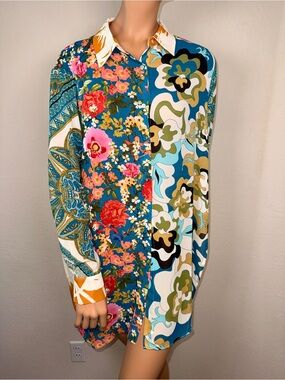 Rose + Olive Mixed Print Tunic/Blouse Floral Paisley semi-sheer Medium